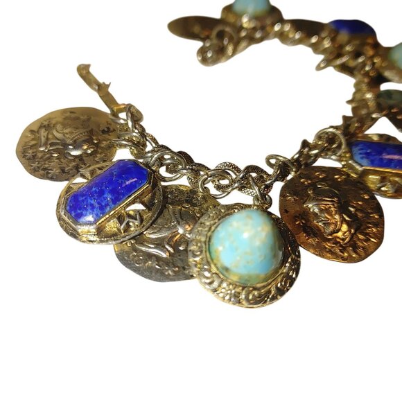 Coin Charm Bracelet Vintage Lapis Lazuli Turquoise Glass Stone Egyptian Etruscan - Picture 5 of 12